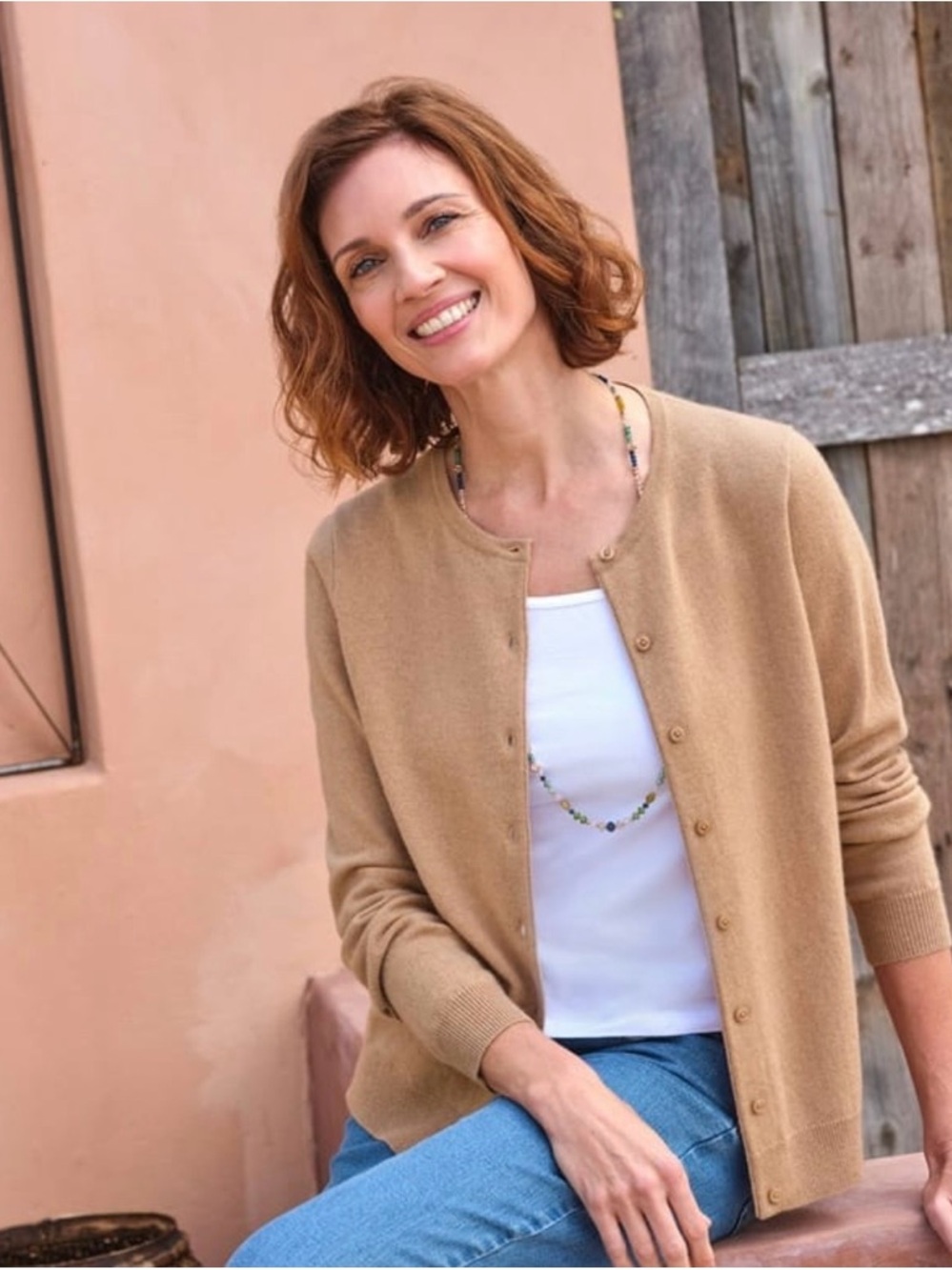 Woolovers Cashmere Merino Wool Crewneck Cardigan Camel Size Large